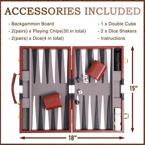 Backgammon Sets for Adults - 15 Inch Brown Classic Board Game with Premium Leather Case, Portable