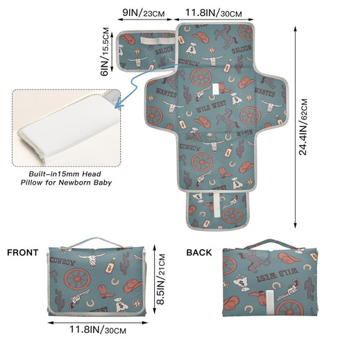 Cowboy Teal Blue Portable Changing Pads, Wild West Toddler Changing Mat Station Pad for Infants, Reusable Diaper