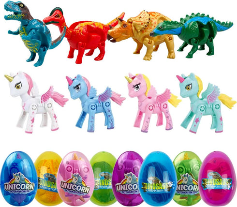 Anditoy 8 Pack Jumbo Unicorn & Dinosaur Deformation Eggs Prefilled Plastic Easter Eggs