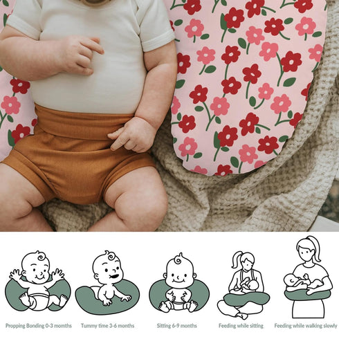 Red and Pink Flowers Baby Nursing Pillow Covers for Boy Girl Preppy Floral Lovers Nursery Pillowcase for Breastfeeding