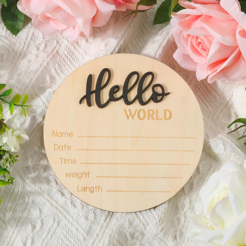 NQEUEPN 5.9 Inch Baby Announcement Sign, Wooden Hello World Newborn Welcome Sign Birth Baby Name Plaques for Photo