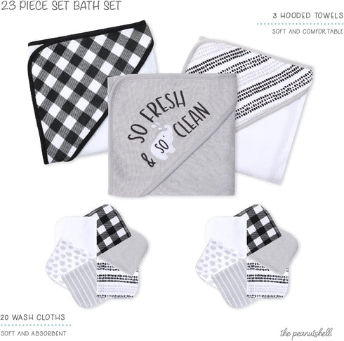 Set 23 Set The Peanutshell Hooded Bath Towel and Wash Cloth for Baby Boys or Girls - Piece Unisex - Black Plaid