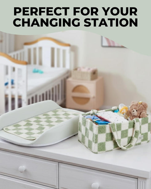 Checkered Diaper Caddy Organizer with Portable Changing Mat - Teddy Fleece Diaper Organizer for Changing Table - Caddy