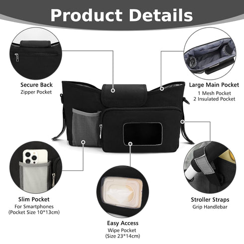 Accmor Universal Stroller Organizer with Insulated Cup Holder, Stroller Caddy Bag Accessories, Stroller Cup Holder