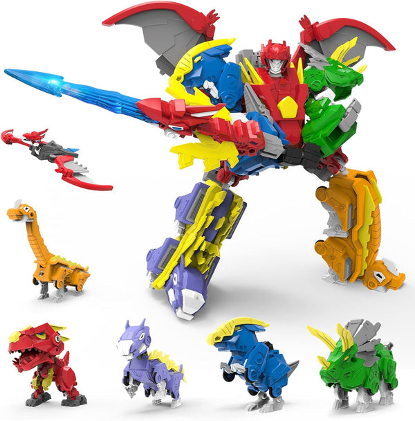 STOULKD 6 Shapes Dinosaur Transforming Robot Toys for Kids 6+, 6 Packs of