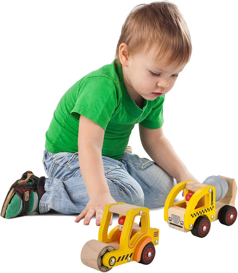 Wooden Push Car Toys for Infants 12-18 Months, 2 Pcs Baby Vehicle Toys (Cement Truck + Road Roller) for 1-2 Year Olds