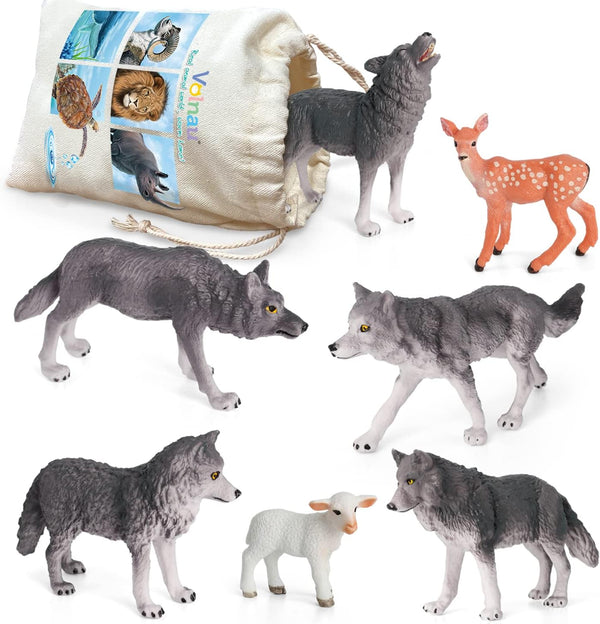 Volnau Wolf Toys Animal Figures, 7PCS Zoo Pack for Toddlers, Kids Christmas Decoration Gift, Educational Set