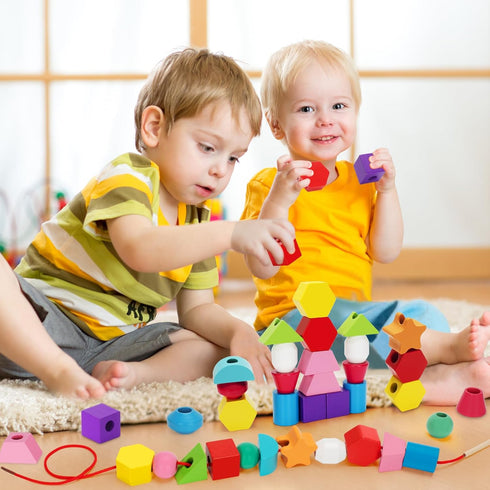 Montessori Wooden Lacing Beads Toys for 2-4 Year Olds, Sequencing & Stacking Block Toy with Storage Box