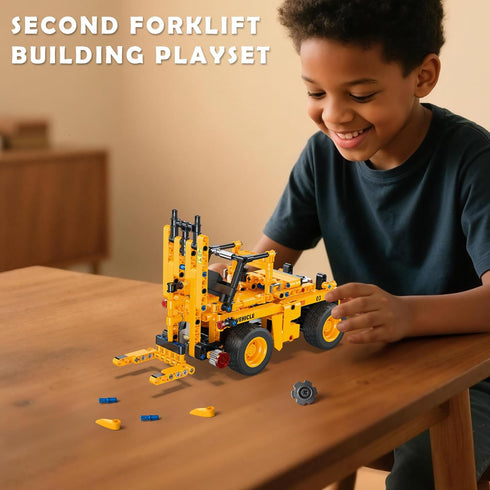 2-in-1 Set: 8-12 Construction Vehicle Building Blocks Convertible Mining Dump Truck & Forklift Toy with Rotating Axle