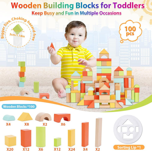 1-3, 100 Set 2+, 1st FCSONU Wooden Building Blocks for Toddlers Pcs Wood Blocks - Sorting & Stacking Toys with Storage