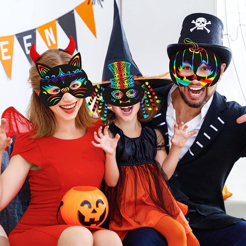 Max Fun 48PCS Halloween Rainbow Scratch Mask, Art Craft Kit for Kids Birthday, Classroom Decoration, Halloween Party