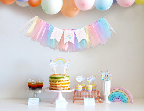LINLULU 1st Pastel Rainbow High Chair Banner - Tulle & Ribbon Highchair Banner for Birthday Girl, Rainbow Decorations