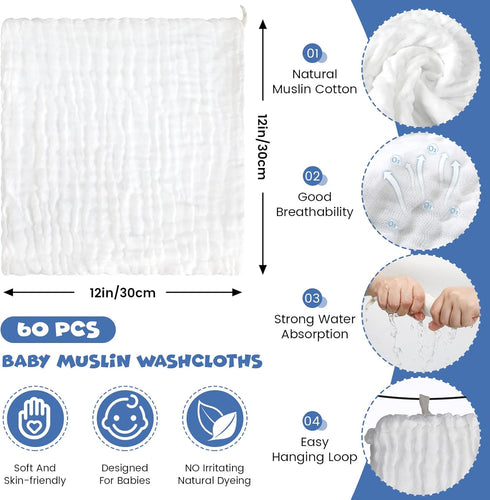60 Pack 6 12 12 Inch Handepo Muslin Burp Cloths Cotton Baby Muslin Washcloths Layer Soft Absorbent Face Towel x Newborn