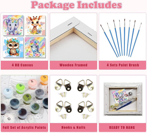 4 Pack Animal Paint by Number for Kids with Wooden Frame, Easy DIY Acrylic Oil Painting Kits for Home Decor (Ages 4-12,