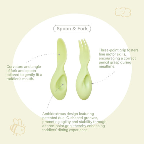 Toddler Utensils - Baby Essentials with Bowl, Fork, and Spoon | Baby-Led Weaning Supplies (BLW) for 12M+ Self-Feeding, Functional Silicone Dinnerware Set - Boosts Fine Motor Skill (Green) by Tiny Genius