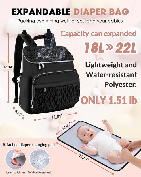 NatuFuse Backpack, Backpack Baby Diaper Bag Expandable Baby Bag for Girl Boy, Travel Diaper with Insulated Pocket