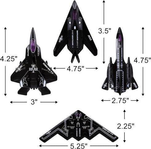 ArtCreativity 4 Pcs Diecast Stealth Bomber Toy Jets, B-2 Spirit Bombers, Pullback Mechanism, Military Cake Decorations