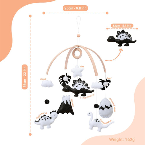 Dinosaur Crib Mobile High-Contrast Black & White Nursery Decor for Newborn Baby Room, Handmade for Boy & Girl, Natural
