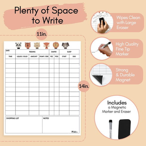Mewl Baby Daily Log Whiteboard - Reusable Tracker for Feeding, Diapers & Sleep - Newborn Journal & Schedule Chart