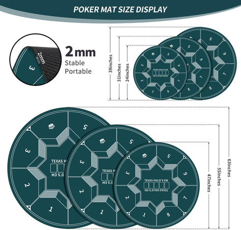 24/31/47/55/63inch 6-8 nuveti Round Poker Mat for Texas Holdem | Portable Poker Table Top with Art Deco Layout Print