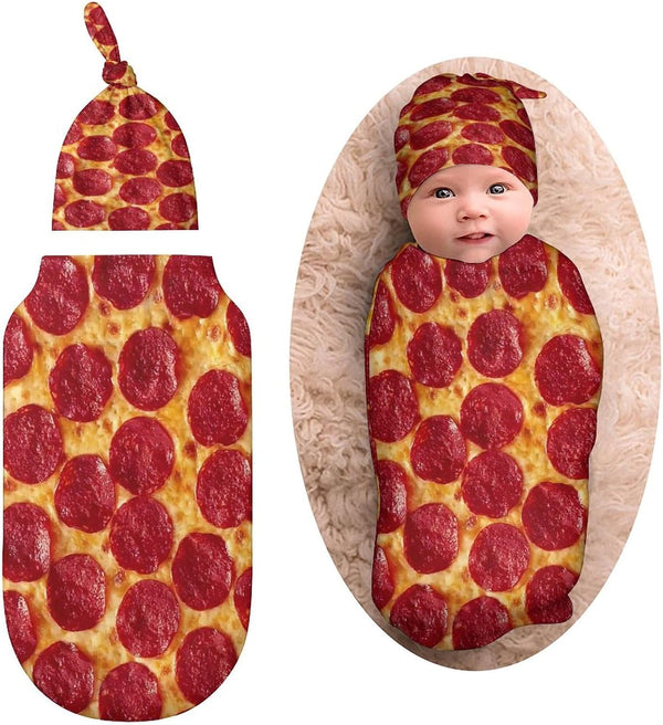 3D Funny Realistic Food Pepperoni Cheese Pizza Newborn Baby Swaddle Blanket with Beanie Hat, Soft Baby Receiving Blanket