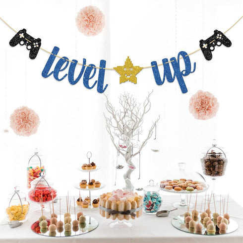 Level Up Banner - Video Game Theme Birthday Party Decoration for Kids Boys Girls, Happy 11th-16th Birthday Party