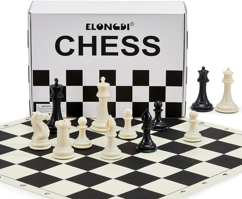 Tournament Portable Chess Set with 20" Silicone Board Mat, 4" King Plastic Weighted Pieces, 2 Extra Queens & Carrying