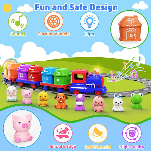 Set 2-4, Counting 1 2 3 Train for Toddlers Electric Toy Train with Farm Animals & Music & Lights, Montessori & Sorting