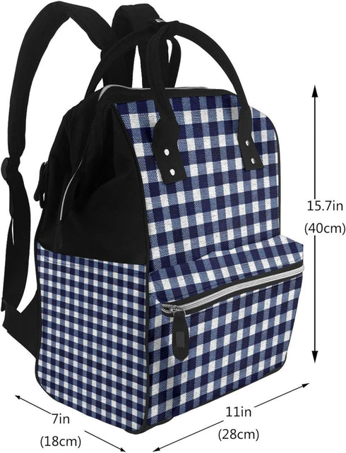 Qewfoju 1 Backpack Navy blue Gingham Pattern Diaper Bag Multifunctional Baby Bags for Baby Girls & Boys Large Capacity