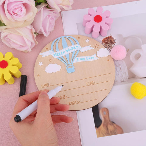 Penitue 5.9in Birth Announcement Sign with Pen, Wooden Hello World Birth Announcement Plaque Welcome Newborn Baby Name
