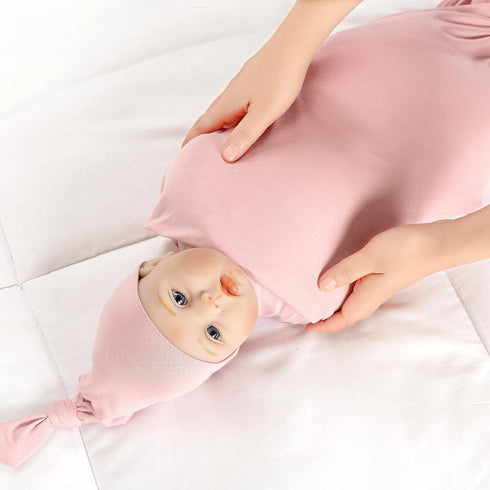 Bayceen Large Jersey Knitted Swaddle Blanket for Baby, Soft Stretchy Receiving Blanket with Hat, 47 x 47 Inches (Rose)