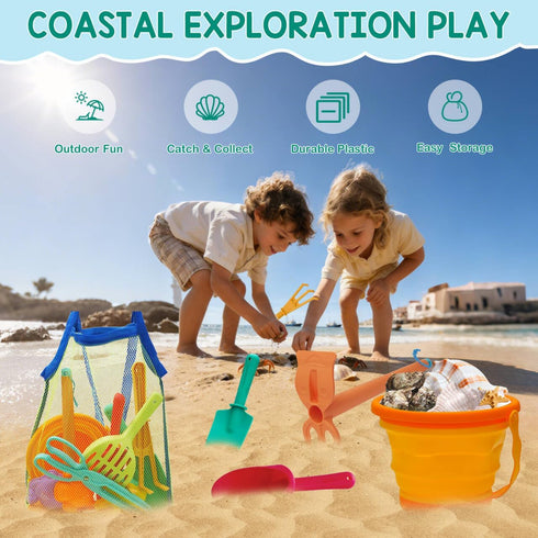 BeneFine Set Summer Beach Toy for Kids Sand Toys Outdoor Play with Mesh Bag-Includes Collapsible Bucket, Mesh Shovel
