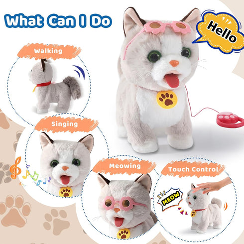 Ylpaprm Set Walking Cat Interactive Talking Toy Kitten Repeat What You Say Robot Cat Toy for Girl Singing Dancing Touch