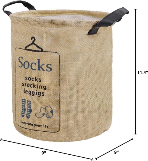Pop-up Waterproof Cotton Linen Laundry Hampers, Foldable Round Storage Bucket, "SOCKS" Print