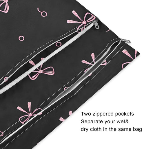 Haskirky 2 Pink Bows Black Pcs Cloth Diaper Wet Dry Bags,Waterproof and Washable Bag for Travel Reusable Wet Bag