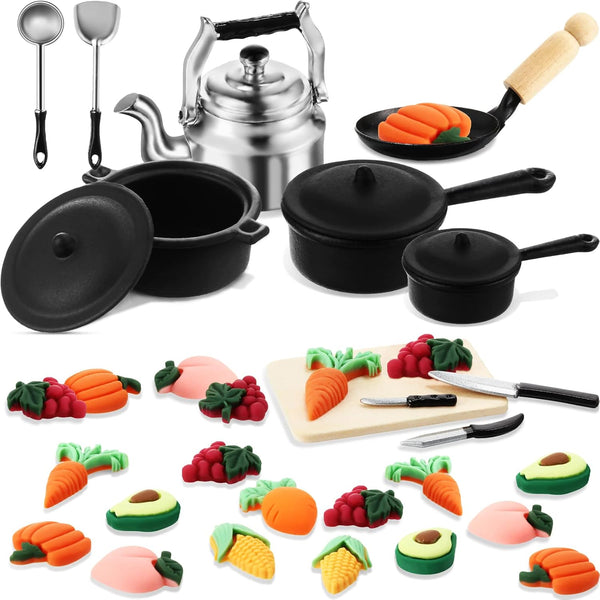 Gejoy 34 Pcs Miniature Dollhouse Kitchen Accessories 1/12 Scale Mini Dollhouse Metal Pots