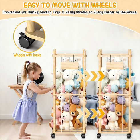 Belveora 2 Stuffed Animal Storage Organizer, Wooden Plushies Toy Zoo Holder with Wheels, Large Capacity Storage Tower