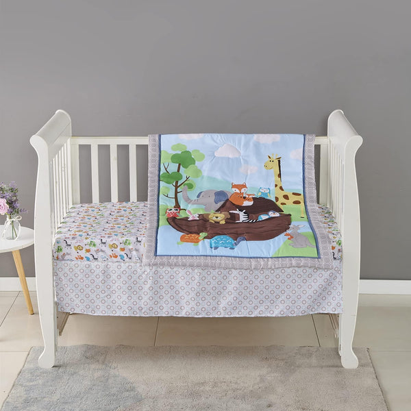 CribMATE Blue Noah's Ark Theme Nursery Crib Bedding 2 PCs Set Quilt Fitted