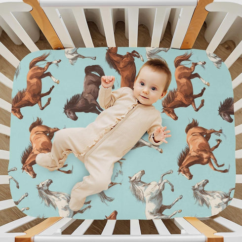 Pigsaly 27x39 Inch Crib Sheets White Horses Blue Baby Sheet for Standard Crib Mattress Boys Girls Toddler Bed Sheets