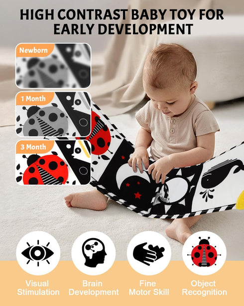 Newborn Toys, High Contrast Baby Books with Teether, Black and White Baby Toys, Montessori toys 0-6-12 Months Brain Development, Sensory Learning Activities Gift, Tummy Time Toys
