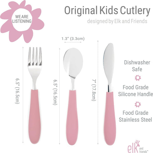Elk and Friends Kids Silverware with Silicone Handle, Childrens Safe Flatware, Spoon + Fork + Knife Set, 6 Pieces, 4