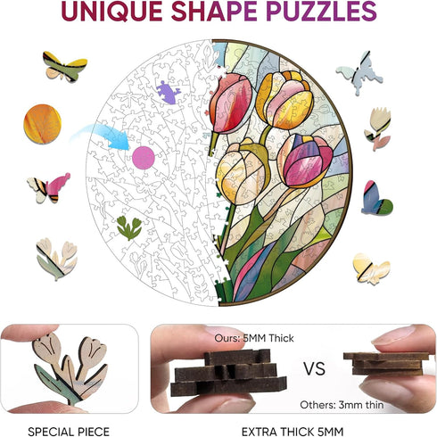 200 5MM 11.2 11.2inch MYS AUR Puzzles for Adults, Tulip Stained Glass Wooden Puzzles Pieces, Thick Unique Shaped Flower