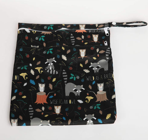 Sigzagor Wet Bag Baby Cloth Diaper Nappy Bag Reusable Washable With Two Zippered Pockets (Animal Racoon)