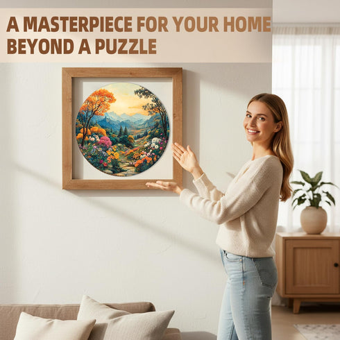 300 13.4in Wooden Puzzles for Adults Pieces, Scenic Mountain Landscape Round Wood Jigsaw Puzzle, Unique Irregular Laser