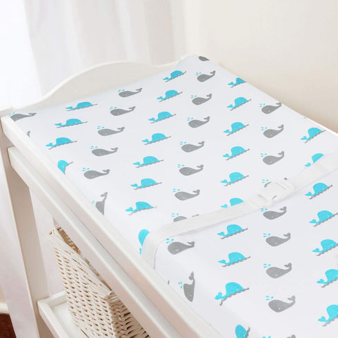 TL Care Printed 100% Cotton Knit Fitted Contoured Changing Table Pad Cover, Aqua Whale for Boys and Girls