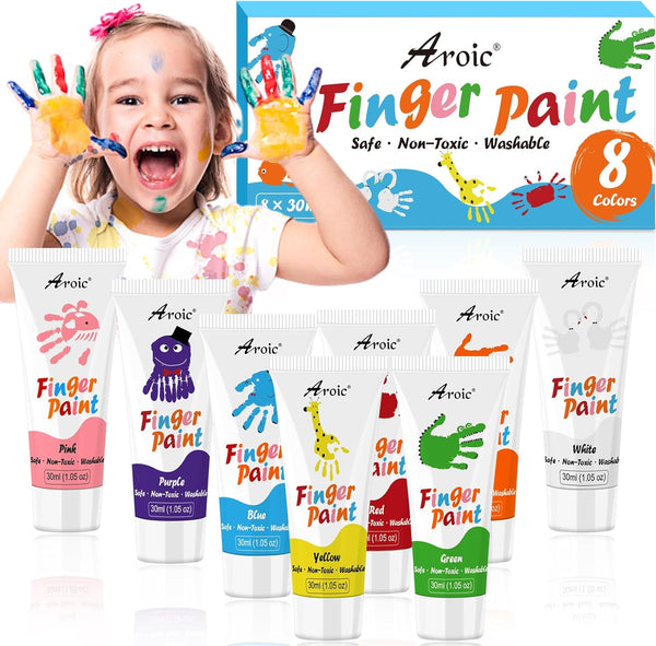 AROIC 8PCS Washable Finger Paint for Kids, Non-Toxic 8 Colors Art Supplies for Toddlers & DIY Crafts