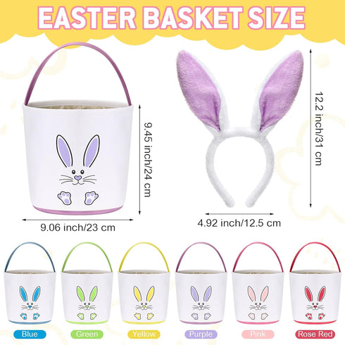 12 Set Domensi Pcs Easter Basket for Kids Canvas Easter Baskets with Handles and Plush Bunny Ear Headbands, Reusable