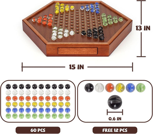 15-Inch Set 72 Wooden Chinese Checkers Board Game Classic Strategy Game with Glass Marbles, Dual-Sided Storage Drawer
