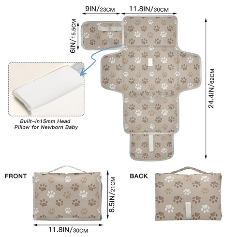 CHUROUSY Dog Paws Portable Diaper Changing Pad with Wipes Holder, Brown and White Paw Foldable Baby Diaper Changer