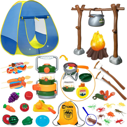 MITCIEN Kids Play Tent with Campfire, Oil Lantern with Sound, Cut Up Fruits, Marshmallow, Pretend Camping Toys for 3-6+